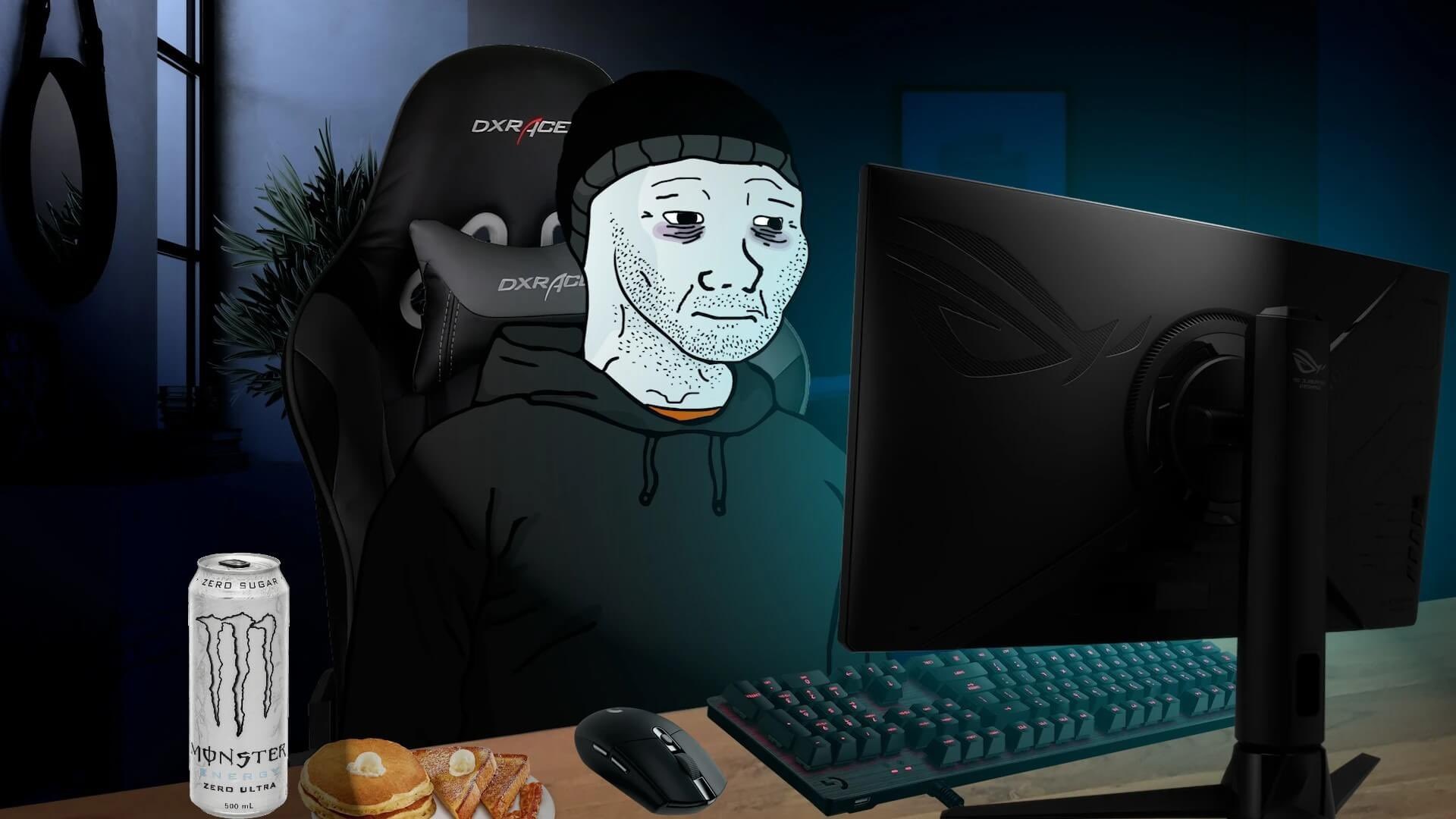 Wojak eating breakfast at computer - a Wojak meme on farm.meme