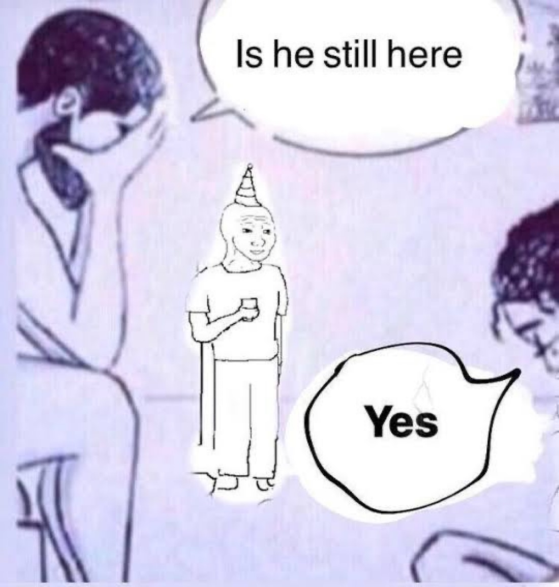 is he still here? - a Wojak meme on farm.meme