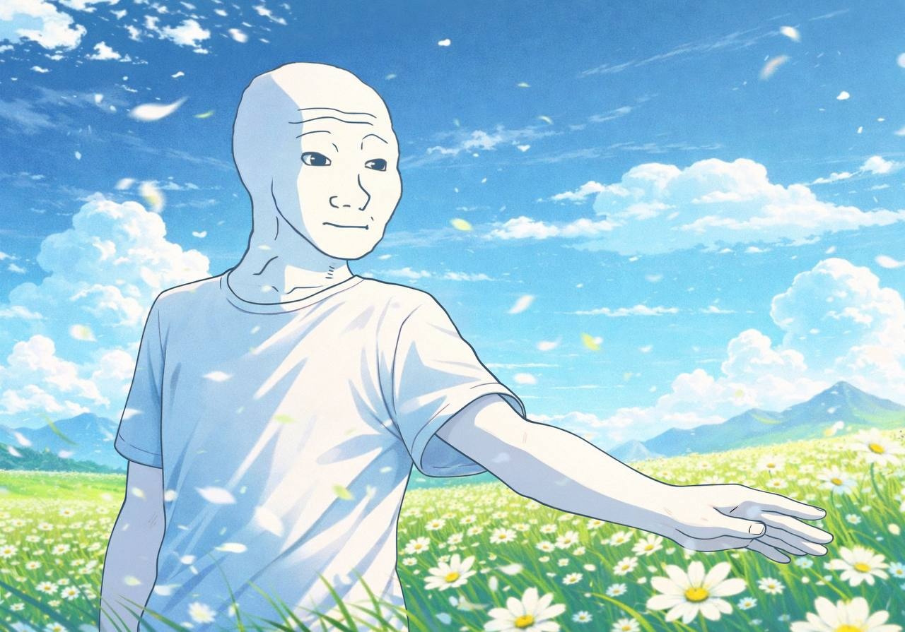 Wojak in a beautiful field of flowers - a Wojak meme on farm.meme
