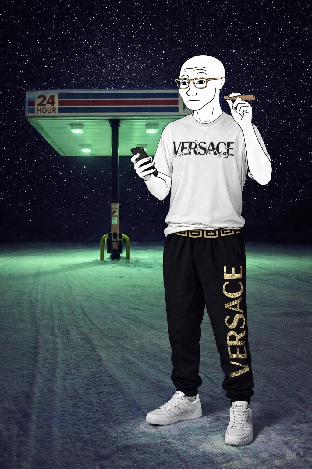 Wojak in Versace at the gas station - a Wojak meme on farm.meme