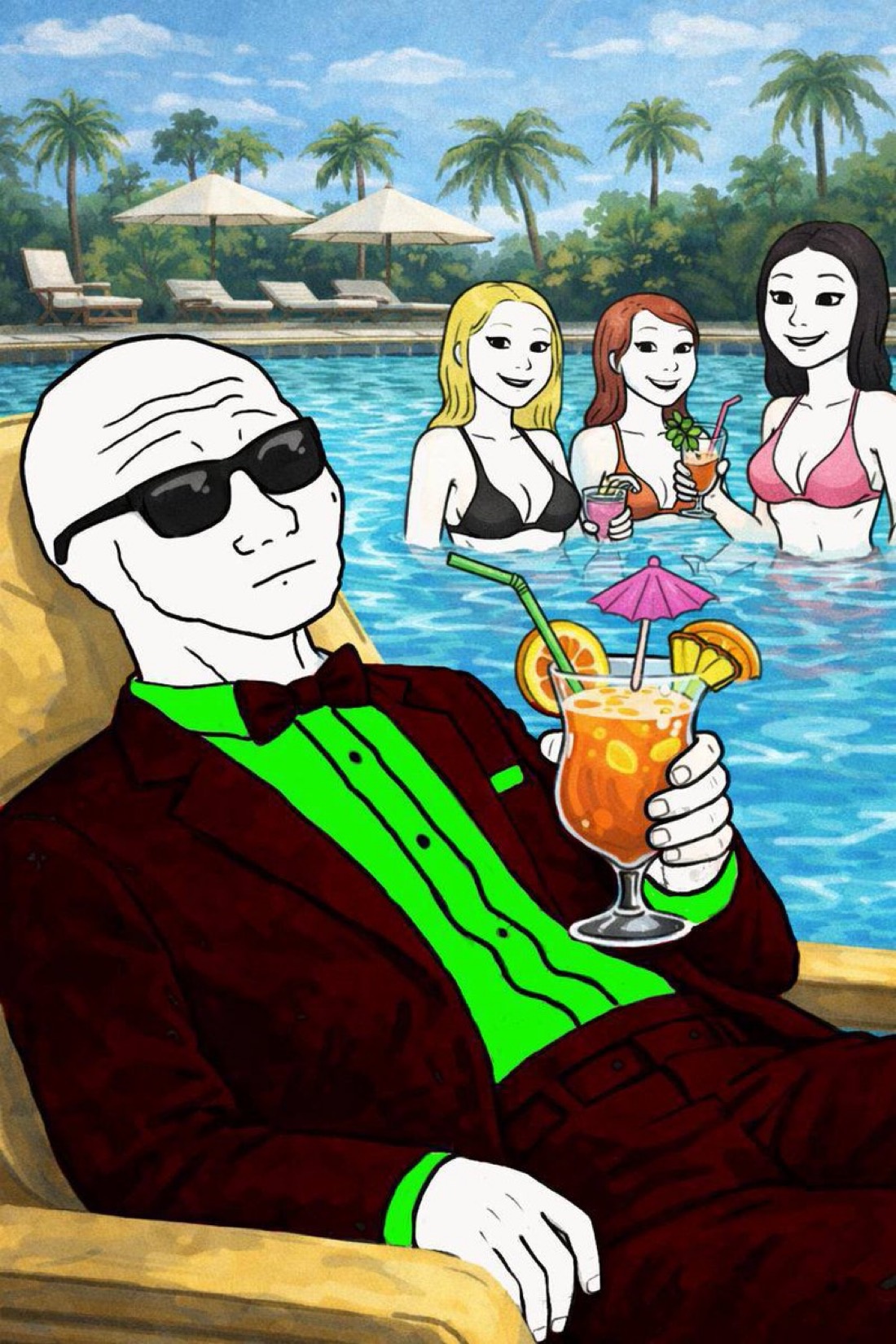 Wojak in a tuxedo by the pool with cocktail - a Wojak meme on farm.meme