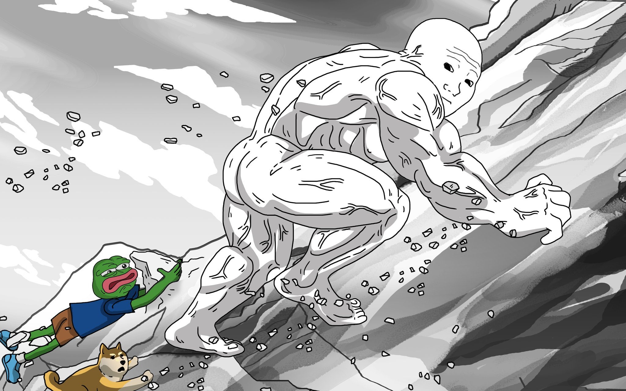 Wojak leads the way up the mountain - a Doge meme on farm.meme