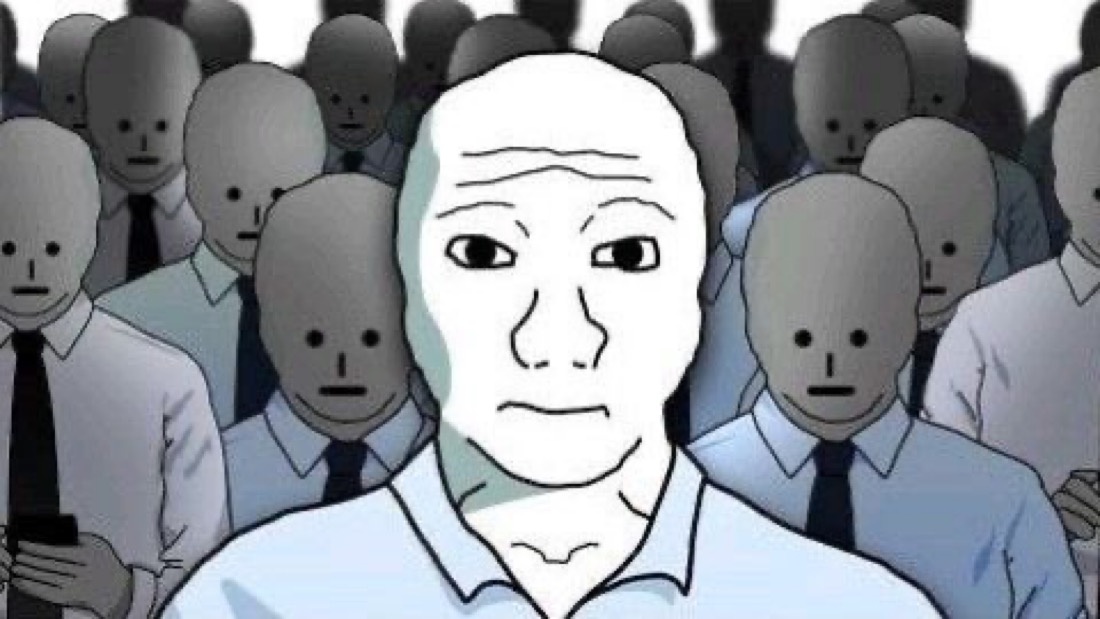 Wojak and a bunch of NPCs - a NPC meme on farm.meme
