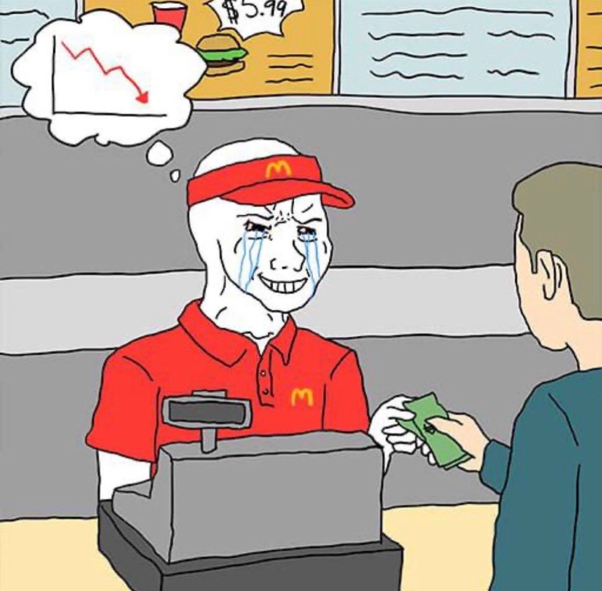 Wagie Wojak at the register - a Wojak meme on farm.meme