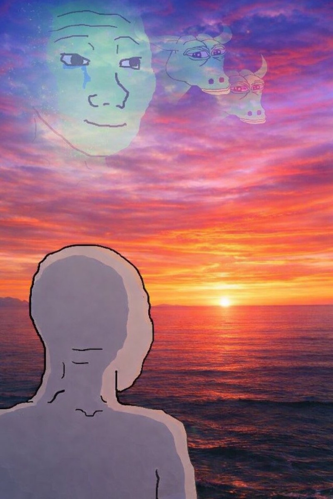 Wojak at sunset with Mumu bull - a Wojak meme on farm.meme