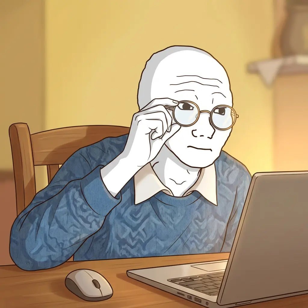 Grandpa Wojak checks his computer - a Wojak meme on farm.meme