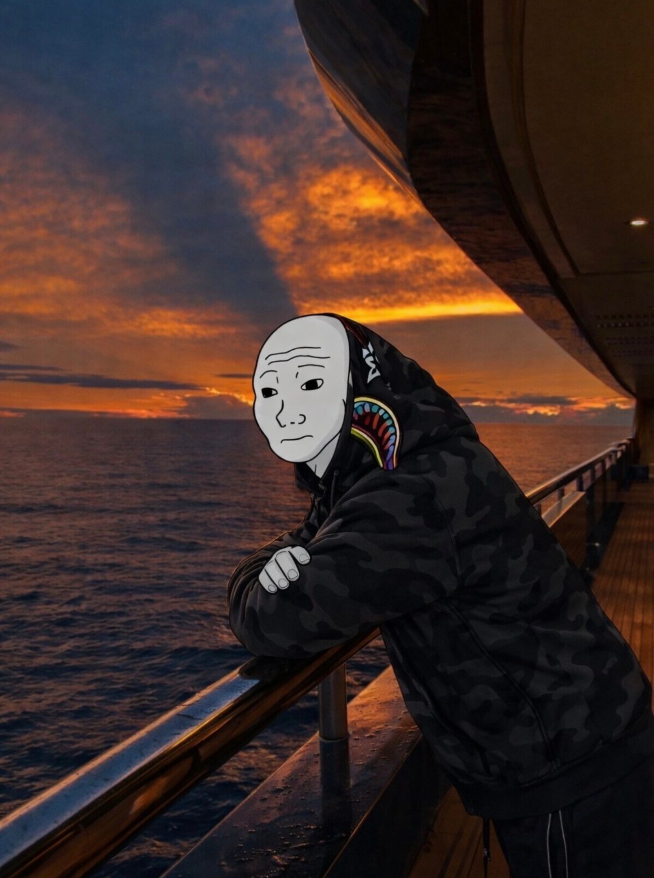 Wojak looks out at a nice sunset over water - a Wojak meme on farm.meme