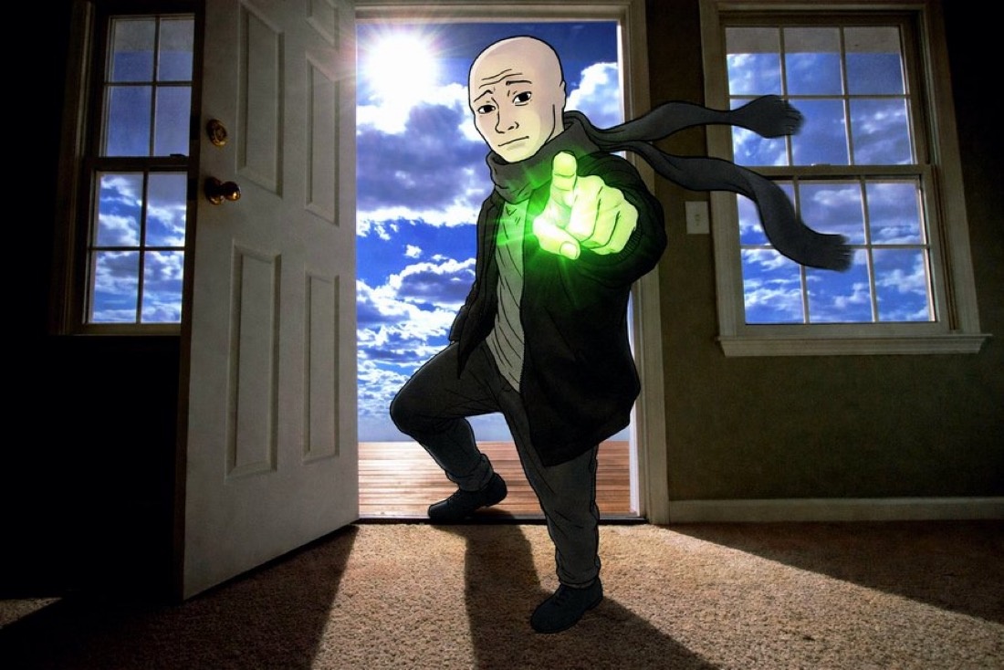 Wojak at an open door with green light - a Wojak meme on farm.meme