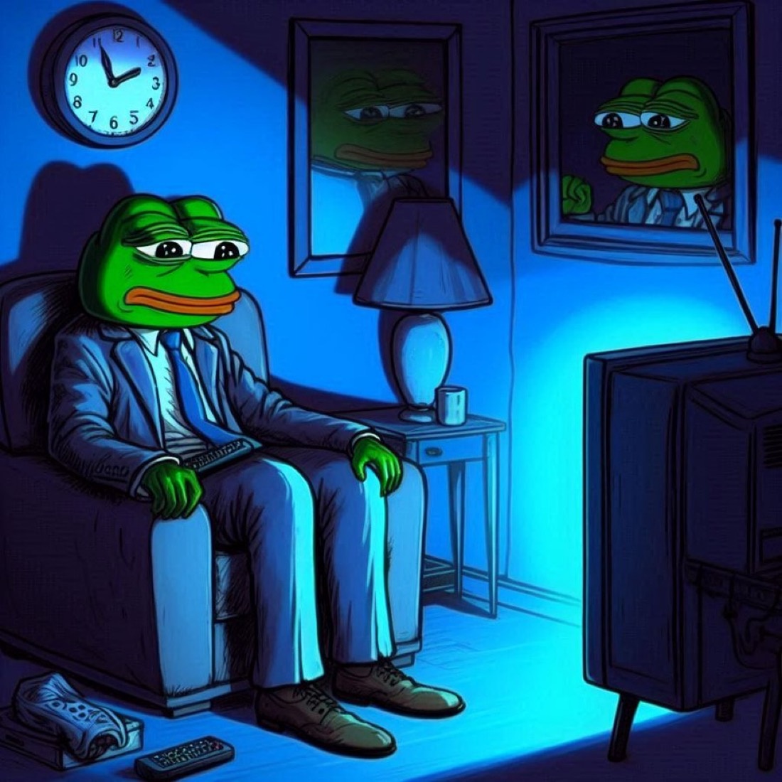 Pepe watches some late night tv - a Pepe meme on farm.meme