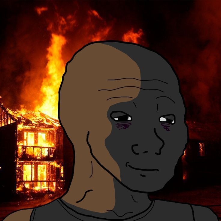 Doomer with house burning - a Wojak meme on farm.meme