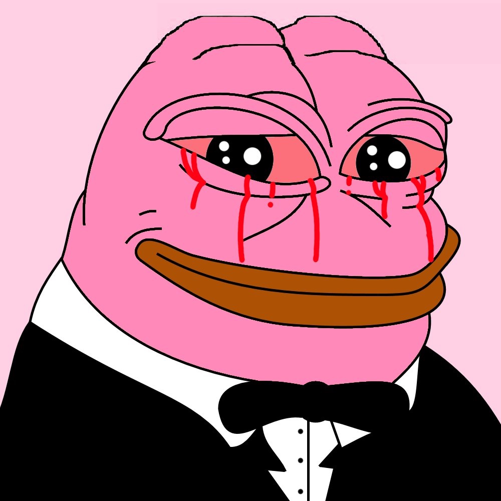 Pink crying Pepe in tuxedo - a Pepe meme on farm.meme