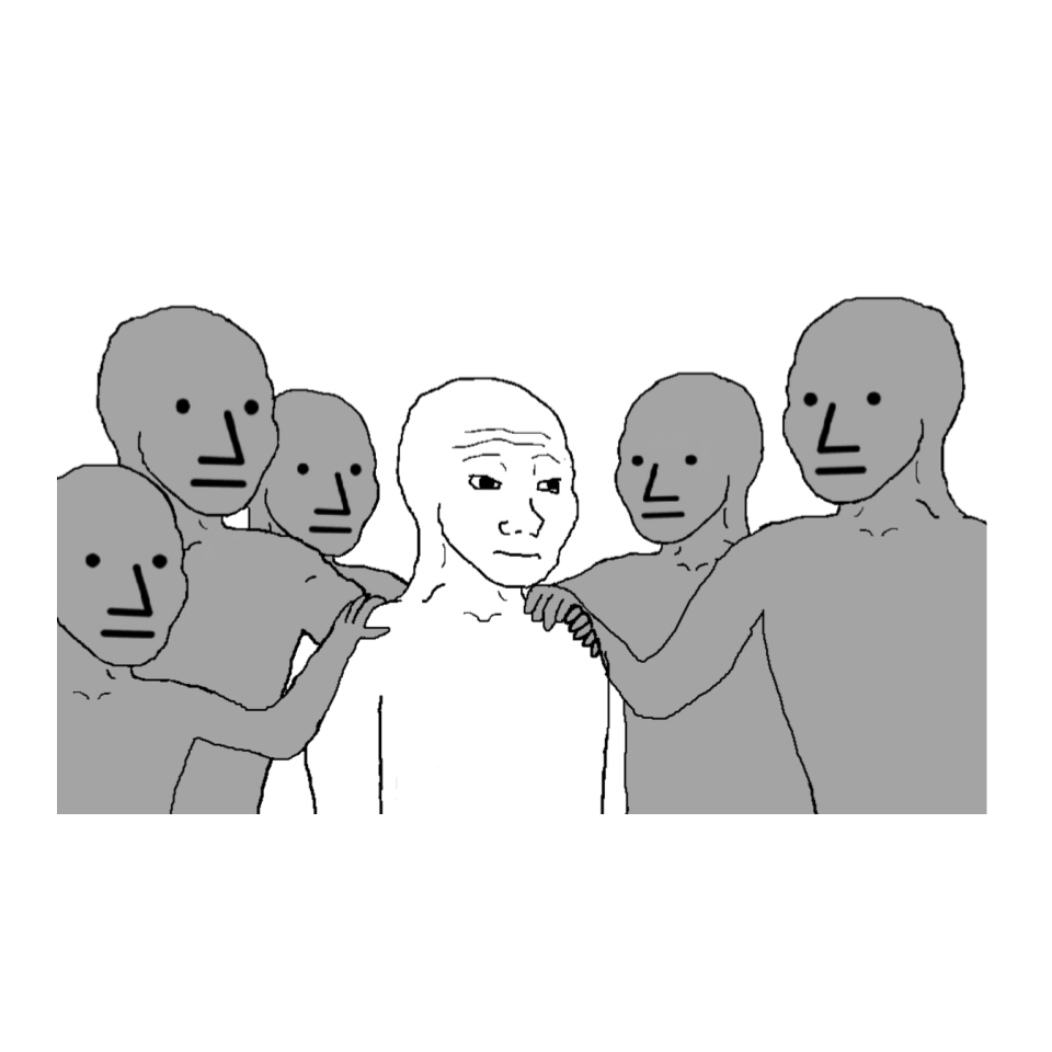 Wojak with group of NPCs - a NPC meme on farm.meme