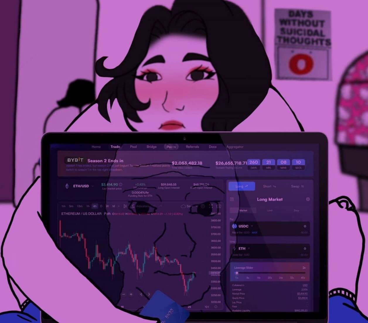 Wojak checks his portfolio with fat doomer girl in the background - a Doomer Girl meme on farm.meme