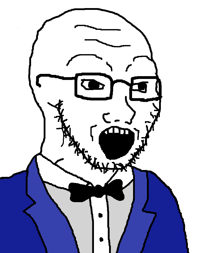 Soyjak in a blue tuxedo - a Soyjak meme on farm.meme