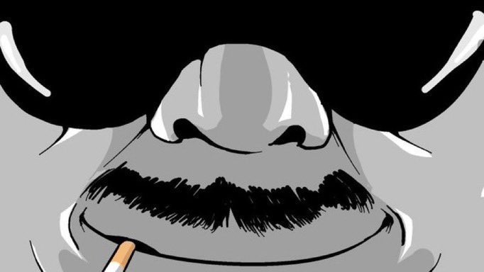 Close up zoomed in view of chad Boomer stache and cig - a Boomer meme on farm.meme