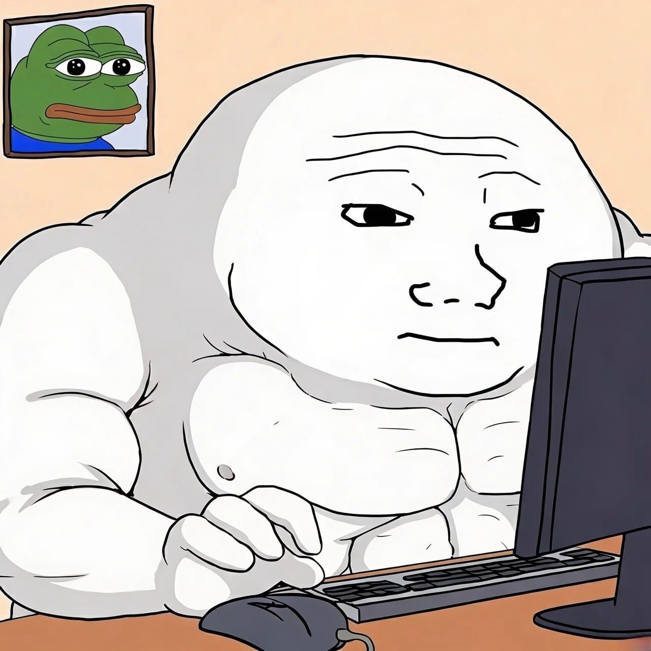 Muscular Swoll Big Head Wojak at his computer with Pepe on the wall - a Pepe meme on farm.meme