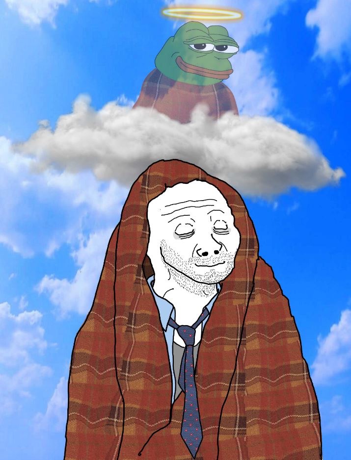Doomer Wojak wrapped in blanket thinking about Pepe in heaven - a Pepe meme on farm.meme