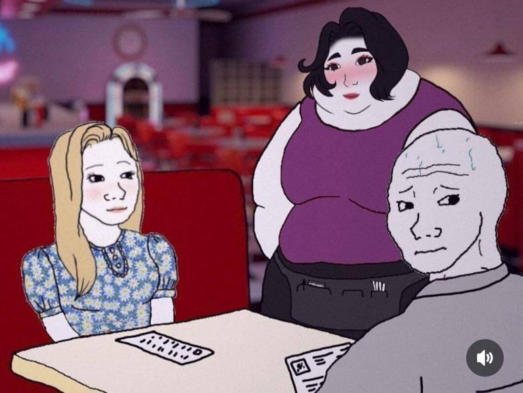 Wojak at a restaurant with Tradwife and Fat Doomer Girl - a Doomer Girl meme on farm.meme