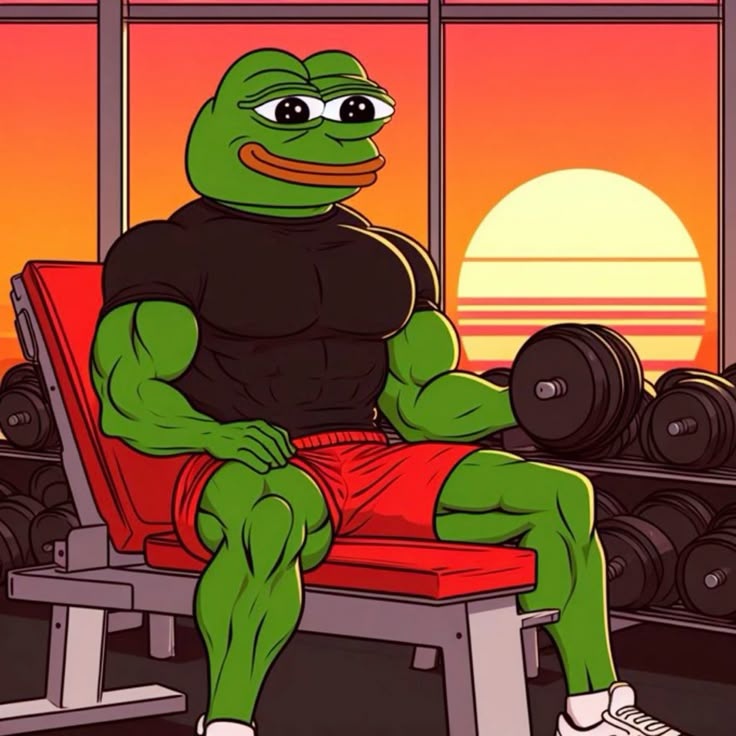 Pepe in the gym at sunset lifting weights - a Pepe meme on farm.meme