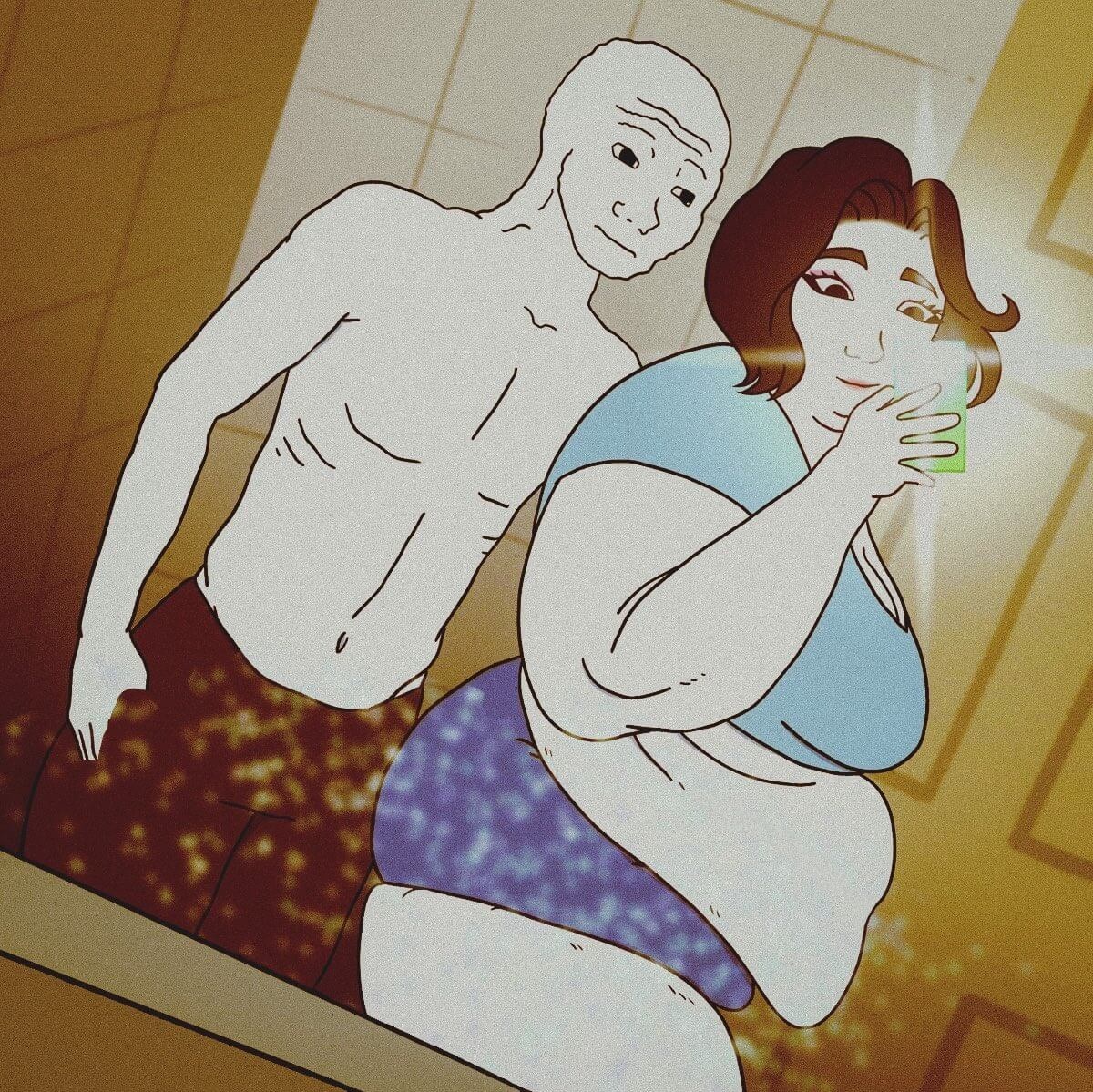Wojak and Fat Doomer Girl in the bathroom mirror taking a selfie - a Doomer Girl meme on farm.meme