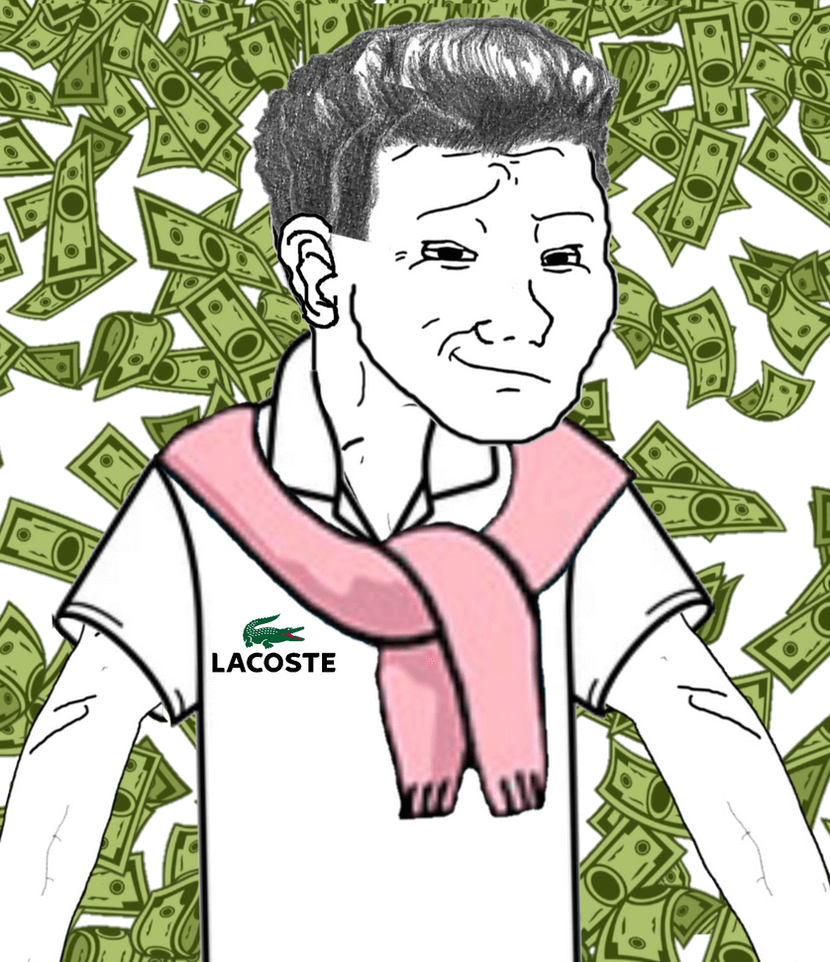 Rich guy Wojak with money and Lacoste polo - a Wojak meme on farm.meme