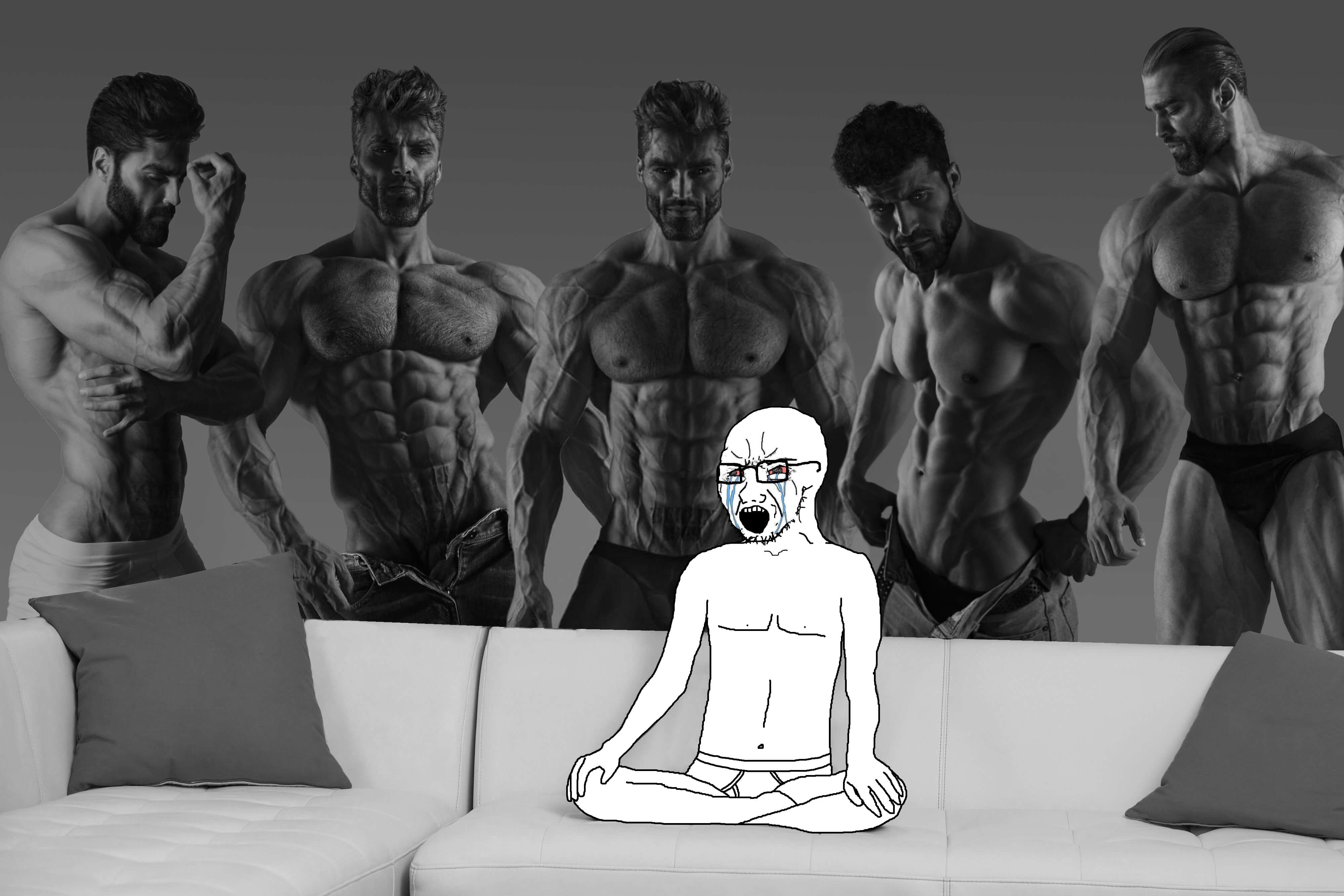 Crying Wojak surrounded by Gigachads - a Wojak meme on farm.meme