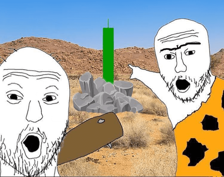 Two Cavemen Soyjaks pointing at the green candle bursting through the ground - a Soyjak meme on farm.meme