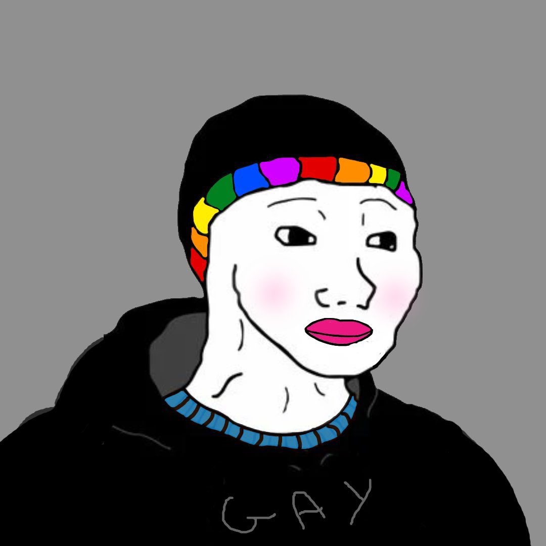 Gay LGBTQ Wojak with a rainbow beanie and gay sweatshirt hoodie - a Wojak meme on farm.meme