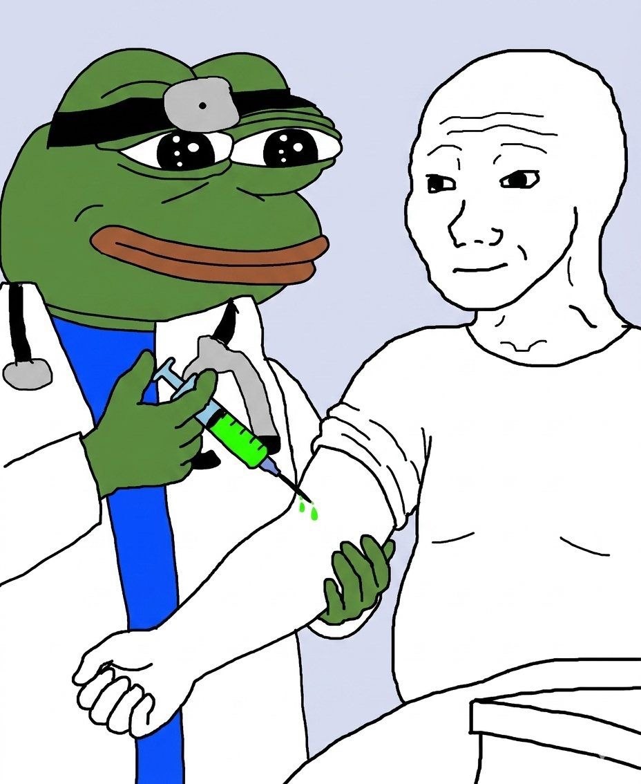 Dr Pepe giving Wojak the vax - a Pepe meme on farm.meme