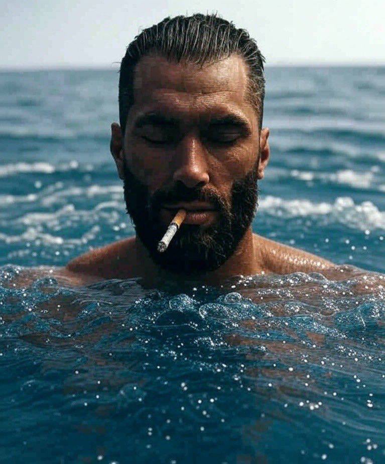 Gigachad in the pool smoking a cig - a Gigachad meme on farm.meme