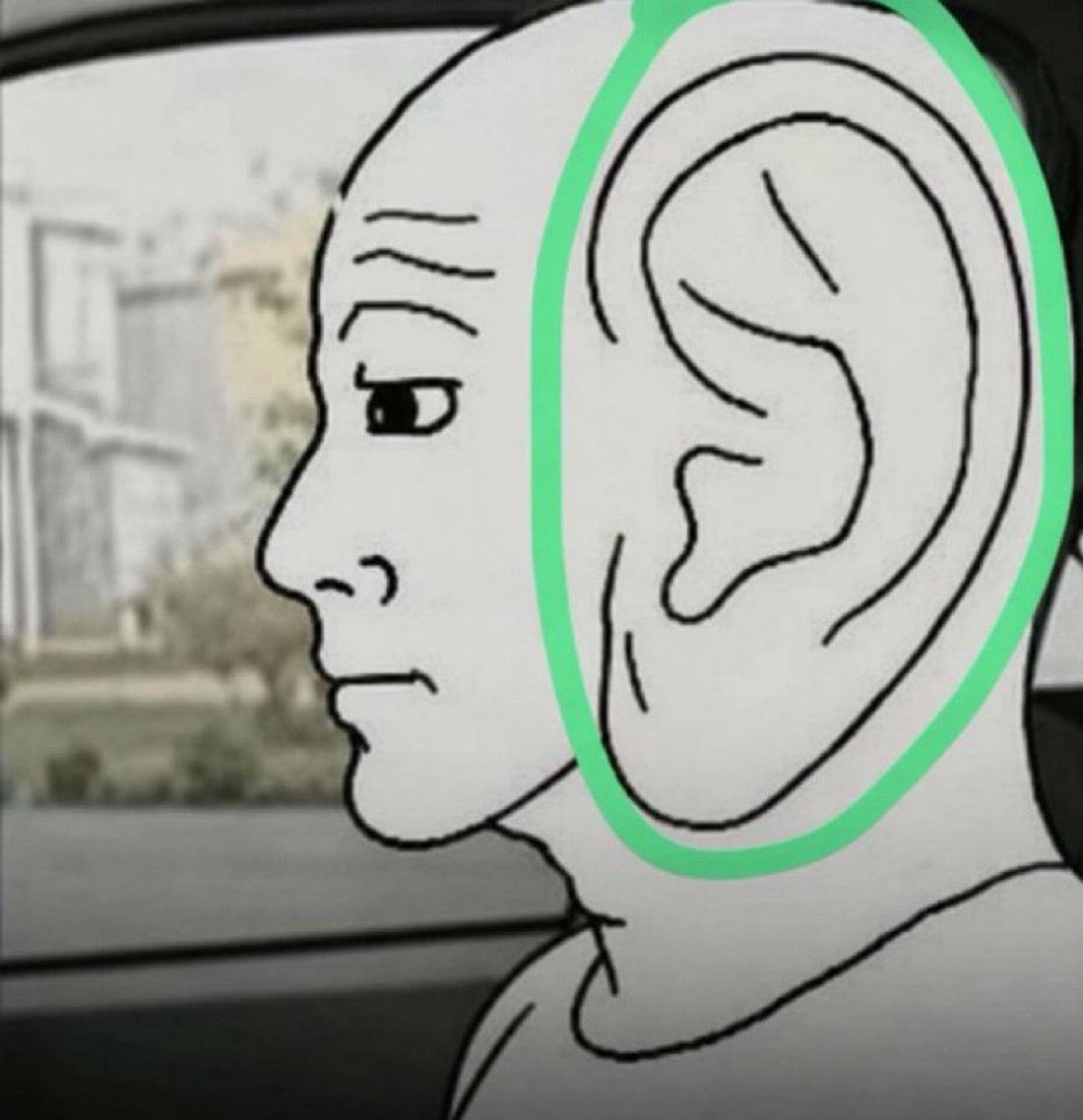 Wojak is hearing things with his giant green ear - a Wojak meme on farm.meme