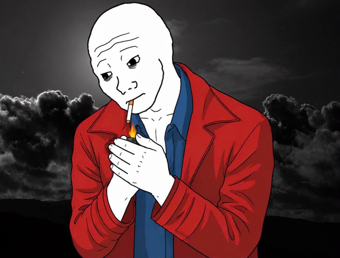 Wojak in a red leisure suit lights up a smoke - a Wojak meme on farm.meme