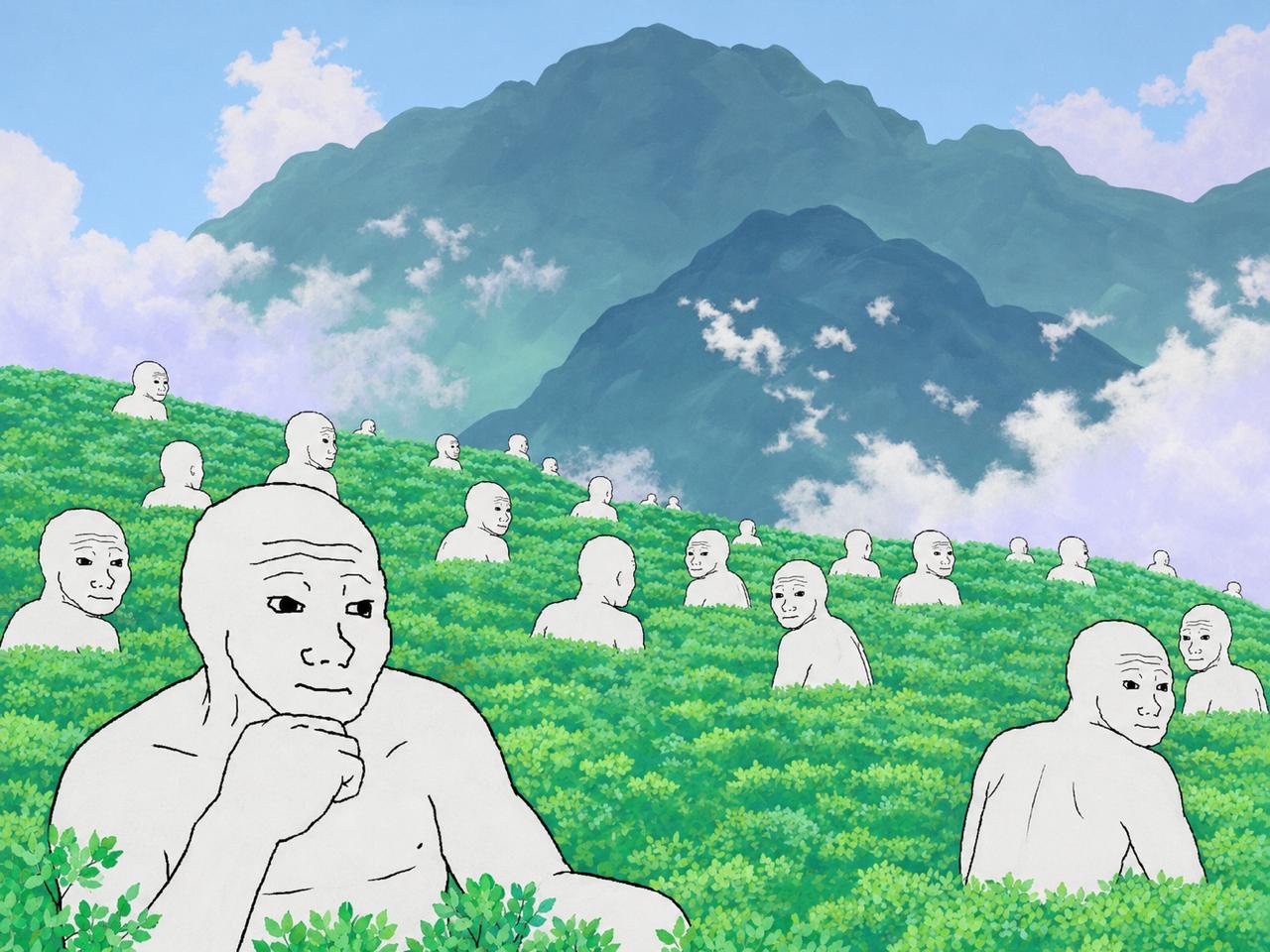 Wojaks resting peacefully in the mountains - a Wojak meme on farm.meme