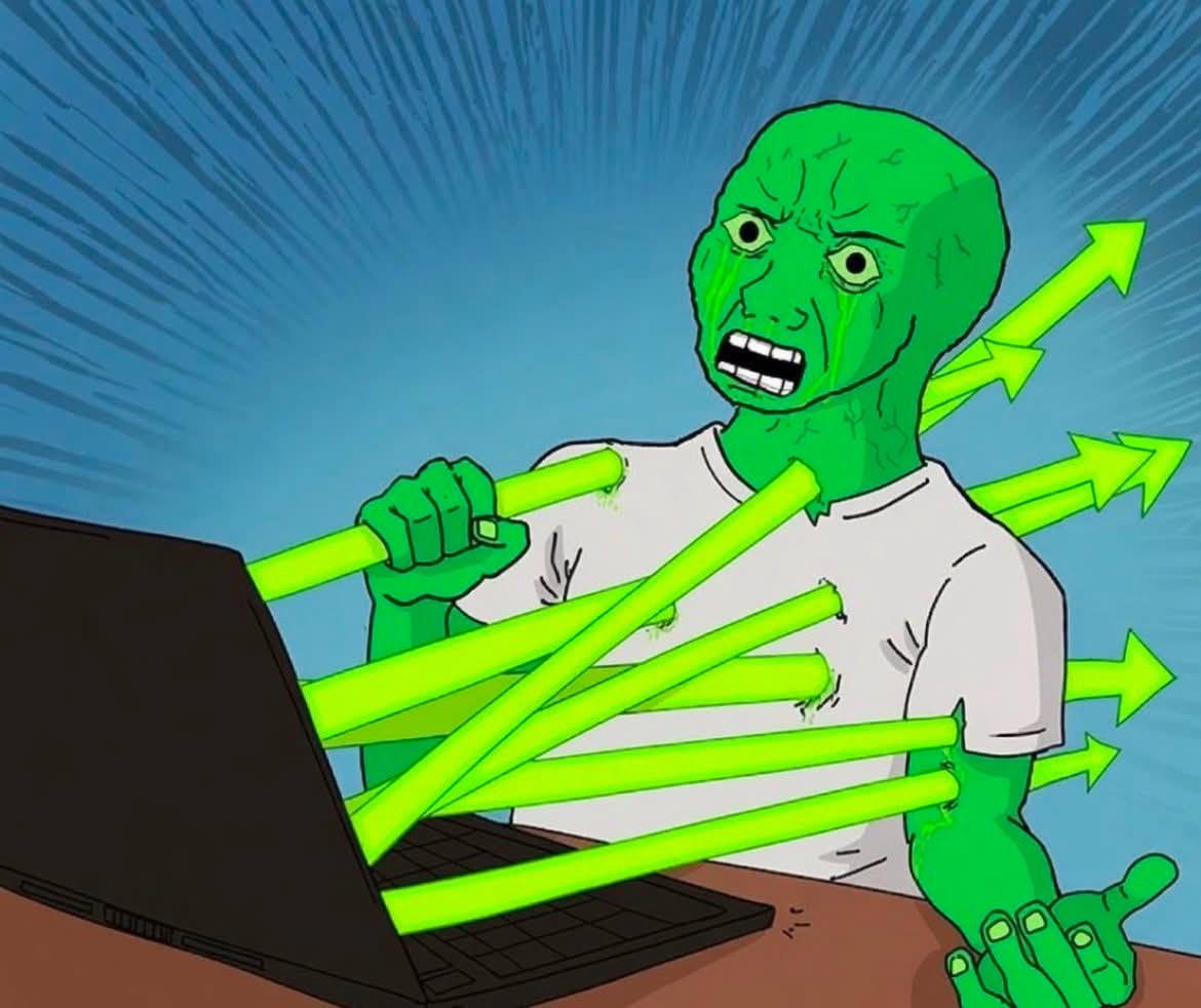 Wojak gets hit with the green arrows from his laptop - a Wojak meme on farm.meme
