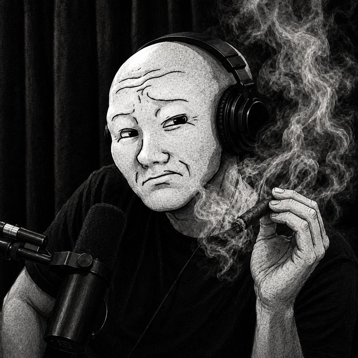 Elon Wojak smoking dope on Joe Rogan - a Wojak meme on farm.meme
