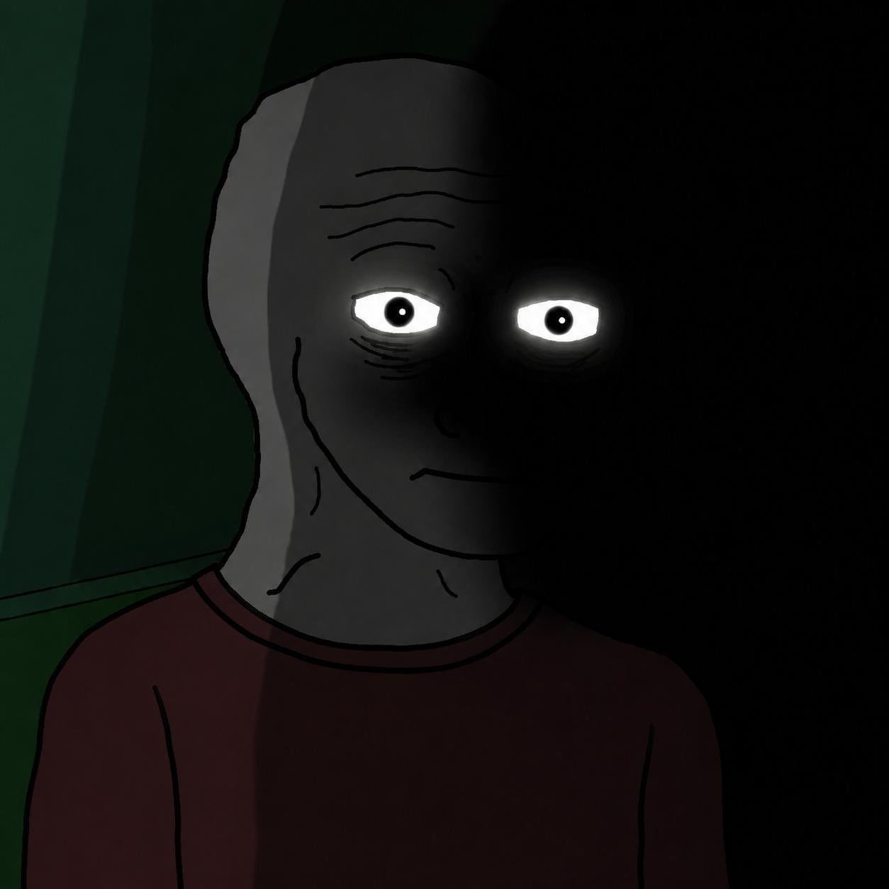 Wojak with freaky eyes in the dark - a Wojak meme on farm.meme