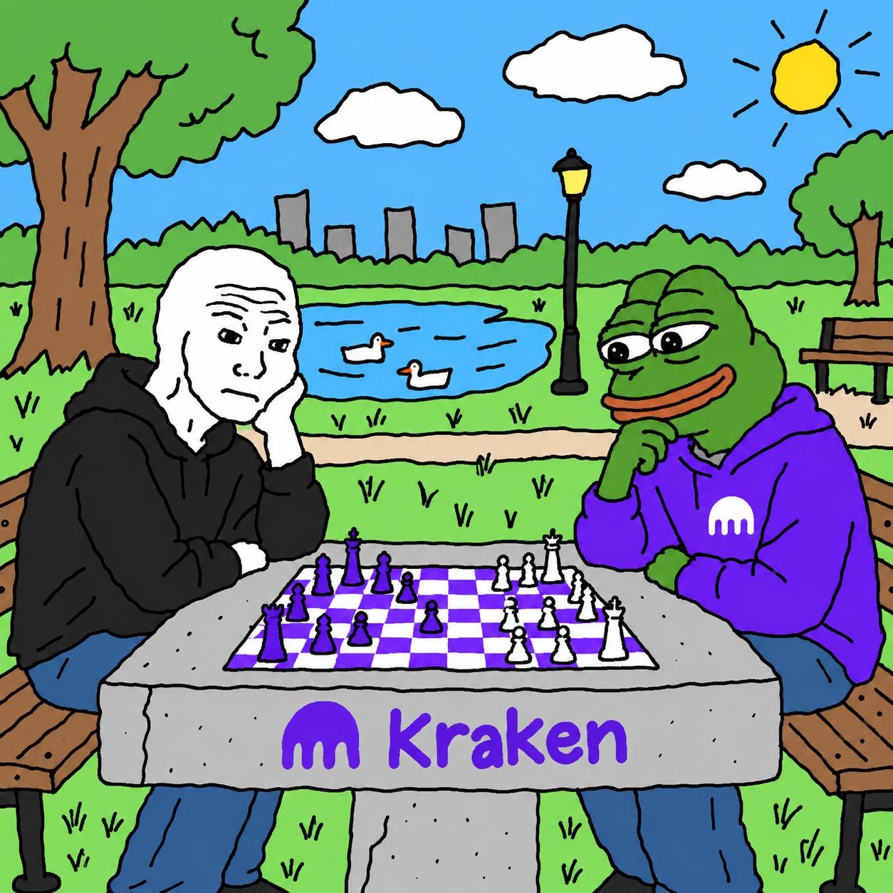 Wojak and Pepe playing chess at the Kraken park - a Wojak meme on farm.meme