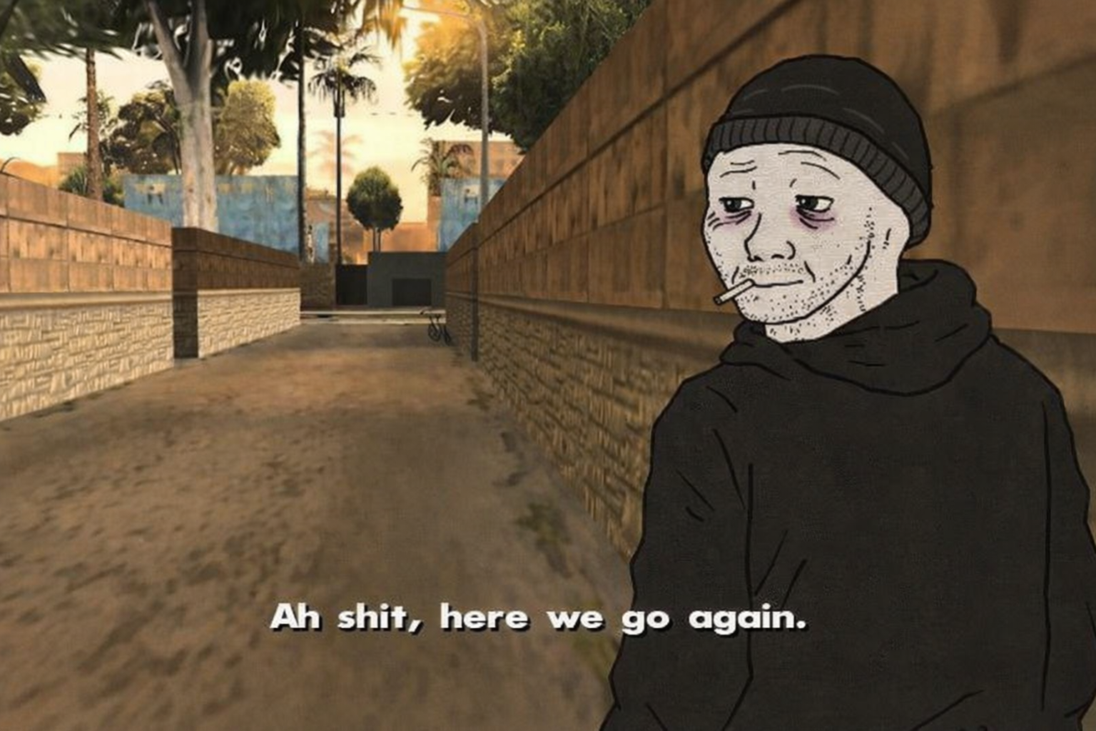 “Ah shit here we go again” GTA meme - a Wojak meme on farm.meme